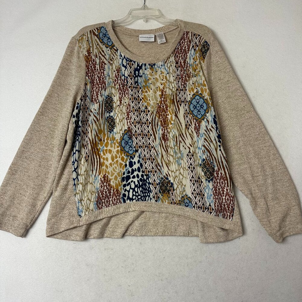 Sweater sz XL tan rust red yellow fall colors studded‎ chiffon knit cabincore